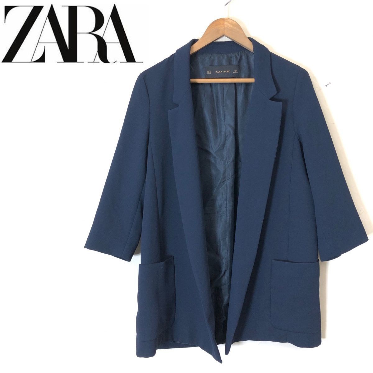 D1361-F-N◆ 美品 ◆ ZARA BASIC ザラベーシック ボタンレステーラードジャケット ブレザー ◆ sizeM ポリエステル100 ネイビー 古着 秋冬_画像1