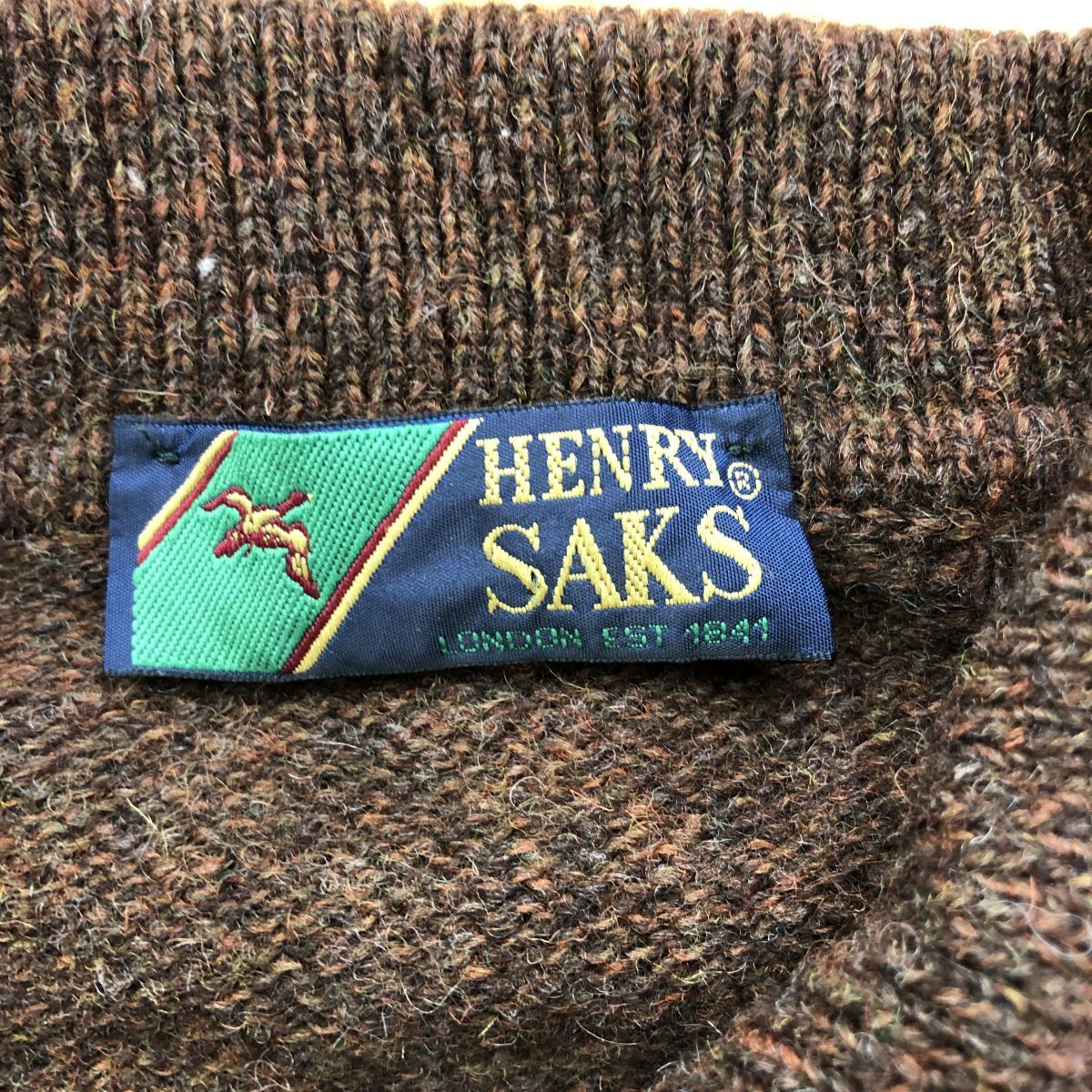 I202-F-N◆ old ◆ henry saks ニット セーター トップス 3B ◆ ウール100 ブラウン ロゴ刺繍 アニマル 古着 メンズ 秋冬_画像7