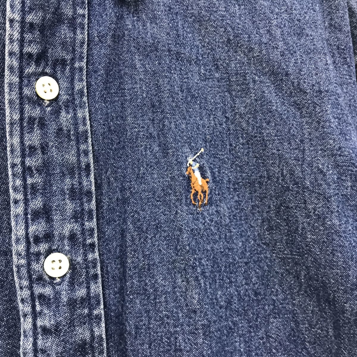 I97-N◆old◆ Polo Ralph Lauren ポロラルフローレン デニムシャツ ロゴ刺繍 キッズ 大きめ ◆ size160 インディゴ コットン100_画像6