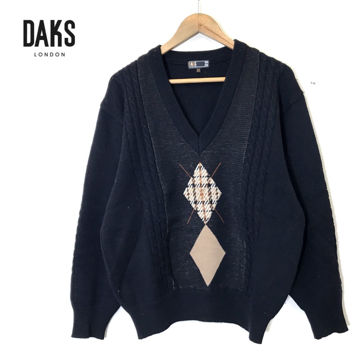 I573-N◆美品◆ old DAKS ダックス 長袖セーター ニット Vネック ケーブル編み 切替◆sizeM ブラック 黒 ウール メリノ ラム 50/50_画像1