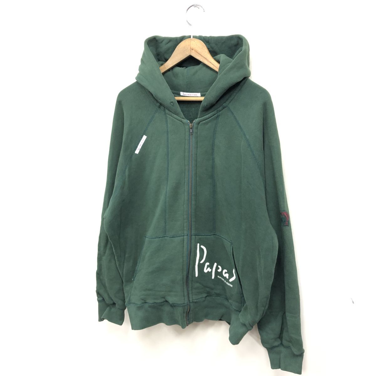 I872-F-S◆ Papas パパス ジップアップ パーカー フーディ ジャケット ◆ コットン100 グリーン ロゴプリント 古着 ユニセックス 秋冬_画像5