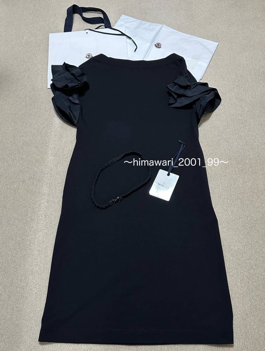 MONCLER モンクレール ラッフルミディ ドレス フリル 半袖 ムームーっぽい ワンピース ￥115.500 ブラック 黒 XS ベルト付 グログランロゴ_画像のコピー、転載禁止