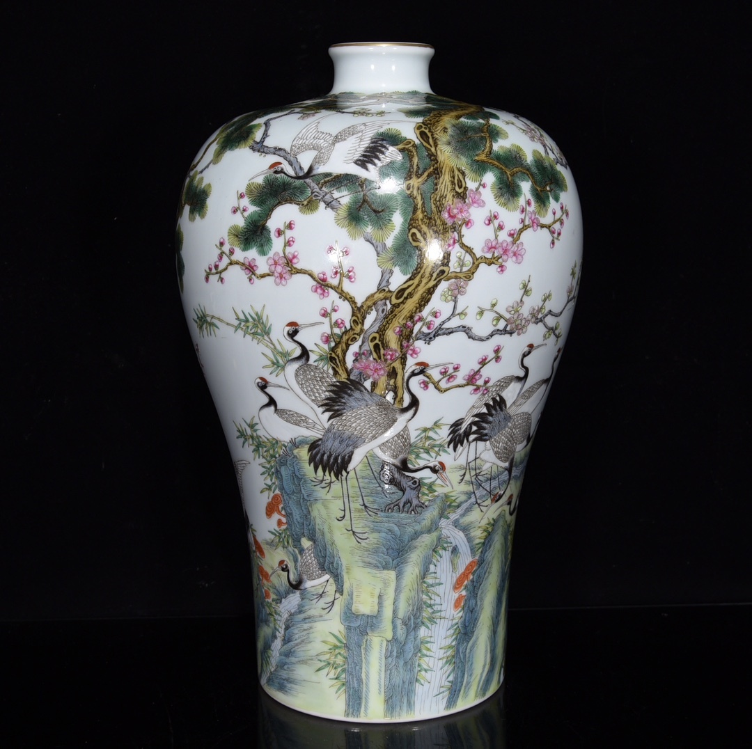 【多寶屋】 古美術 旧家蔵出 大清雍正年製款 粉彩 描金 松鶴延年図梅瓶 古賞物 珍蔵品 時代物 T08|