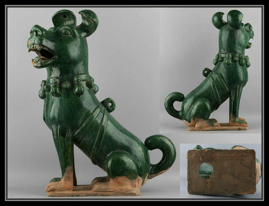 【多寶屋】■X6032漢代　陶器　緑釉犬　置物■