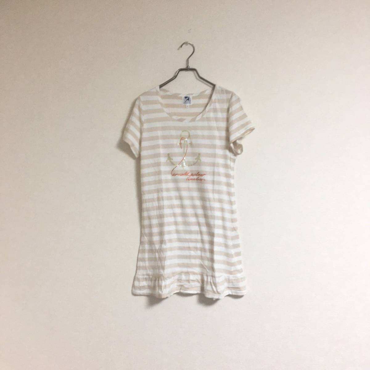 Arnold Palmer アーノルドパーマー サイズ３ レナウン 半袖 チュニック シャツ ボーダー ロングTシャツ ホワイト×ベージュ_画像2