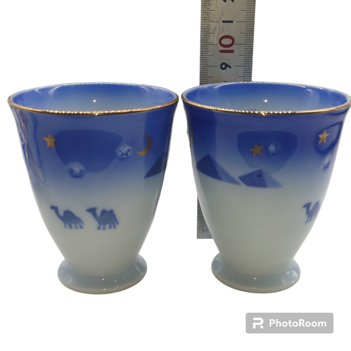 【未使用】 有田焼 JAPAN 暮しの器 シルクロード 茶菓揃 ケーキピック付 miyabi 金彩 月 星 ラクダ【珍品?】_画像2