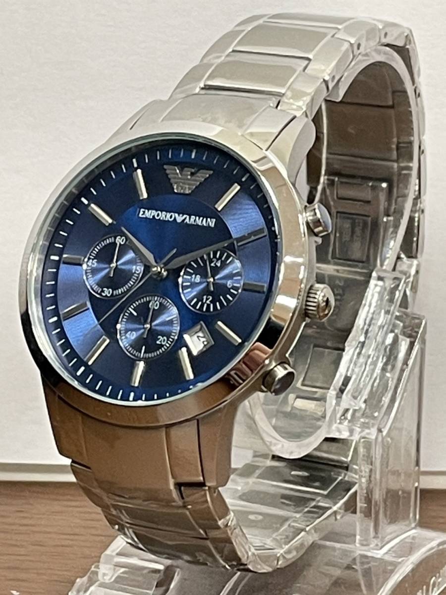 【B13064CK】ほぼ未使用 EMPORIO ARMANI エンポリオ アルマーニ 腕時計 AR-2448 クロノグラフ 青文字盤 シルバーカラー クォーツ 不動_画像2