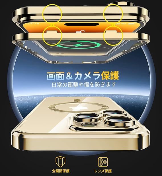 iPhone14 Pro Max 用 ケース 「両面ケース＋マグセーフ対応」「一体型レンズ保護カバー」 スマホケース 人気 6.7インチ（ゴールド）_画像3