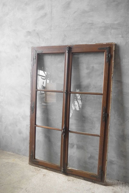 アンティーク　フランス　ガラス窓枠　枠付き２枚セット　A [ft2-535]　窓　建具　店舗什器