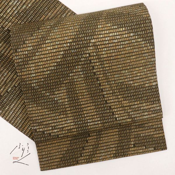 【袋帯】 伝統的工芸品 『伊那紬』 モダン 幾何学模様 茶色 正絹 着物 FC3-18の画像1
