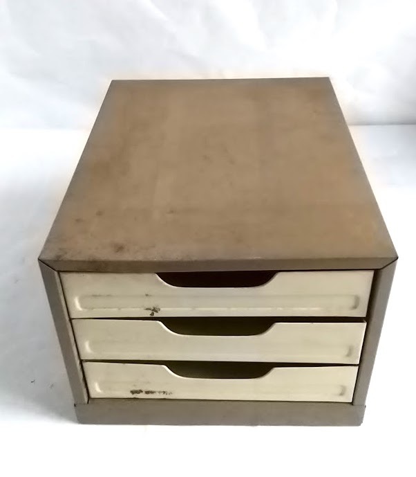 * that time thing * Showa Retro * letter case steel made three step BOX document inserting small drawer cabinet * approximately 22×27×H17.