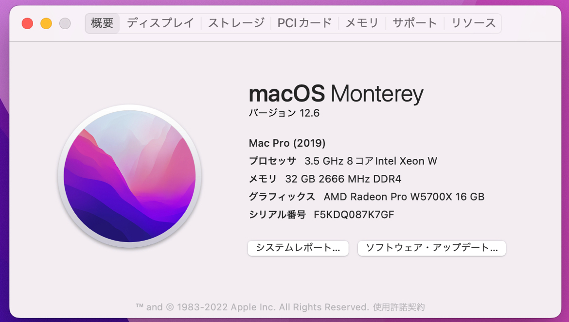 Apple MacPro 2019[3.5 GHz 8 core Intel Xeon W / 32 GB 2666 MHz DDR4 / AMD RadeonProW5700X 16 GB / SSD 1TB]