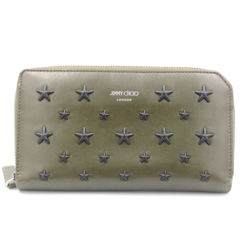 JIMMY CHOO ジミーチュウ 長財布 CARNABY カーナビー ラウンドファスナー ナッパ スタースタッズ OLIVE/BLACK 80006382