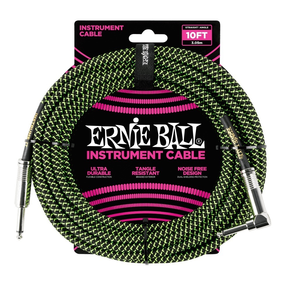 ギターシールド 3.05m アーニーボール ERNIE BALL 6077 10' Braided Straight Angle Instrument Cable Black Green ギターケーブル_画像1
