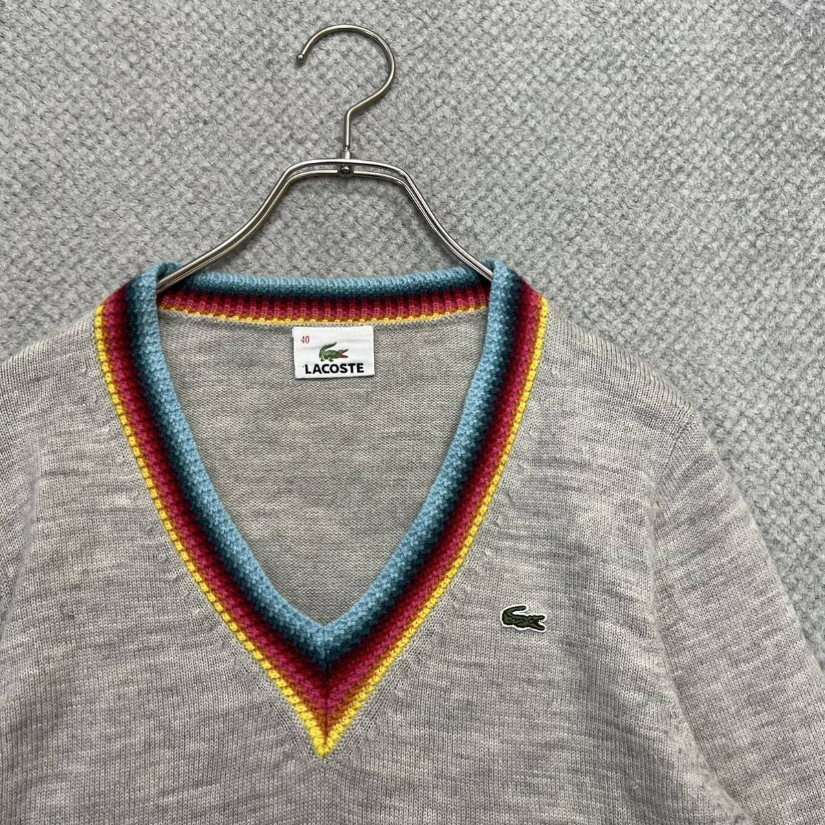 100円スタート♪ （17）LACOSTE ラコステ　ジャガード　ウールニット　サイズ40 Vネックセーター ワンポイント刺繍 ワニ グレー レディース_画像6