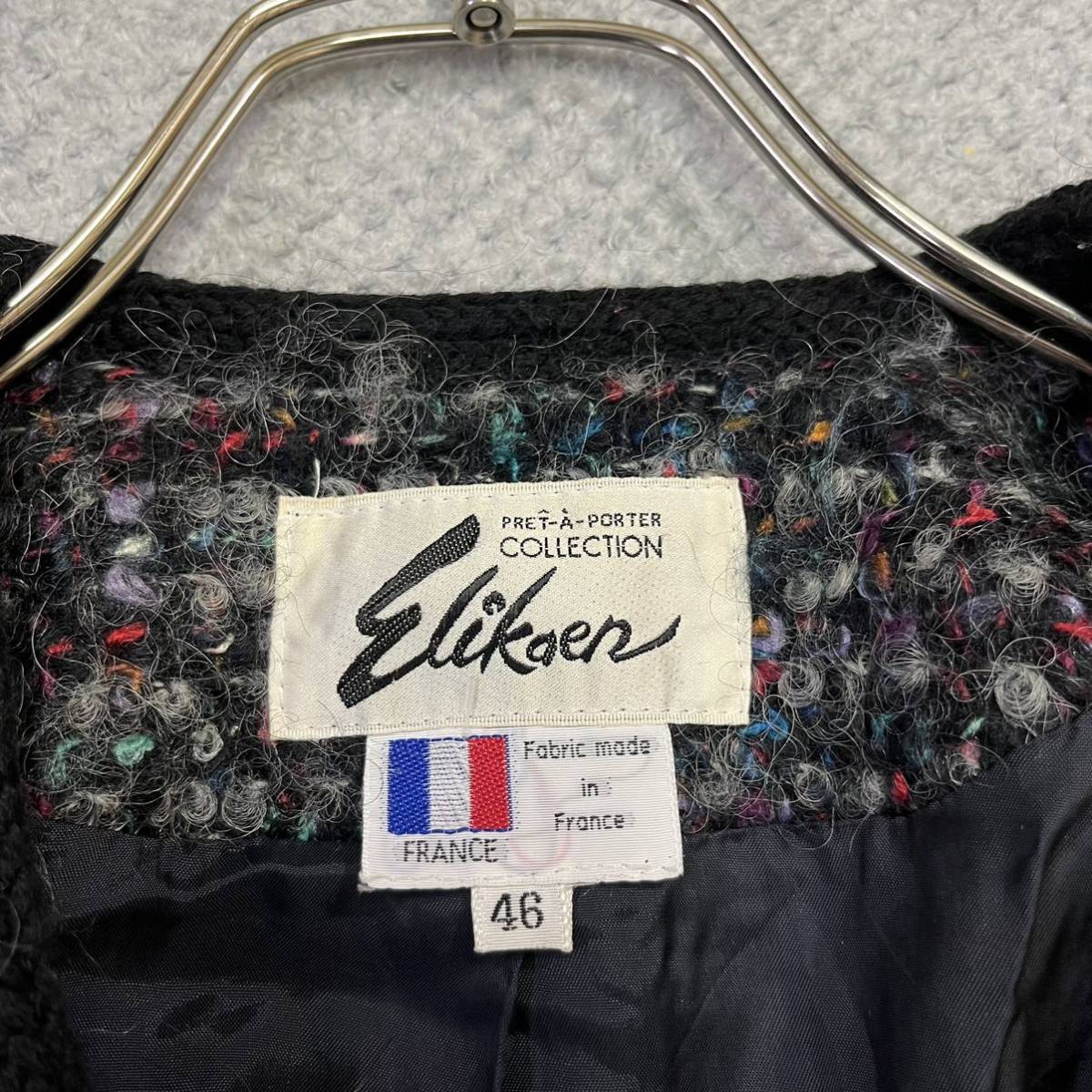 100円スタート♪ （11）フランス製　デザインウールジャケット　サイズ46　M-L相当　ノーカラーツイードジャケット ジャガード　レディース_画像3