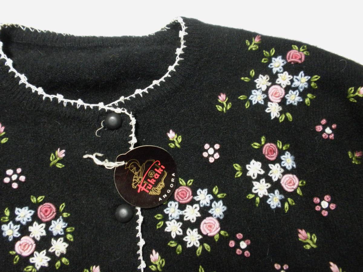 レトロ 未使用 花刺繍 黒 アンゴラ混 ニット カーディガン セーター★昭和 ヴィンテージ vintage クラシカル モード_画像5