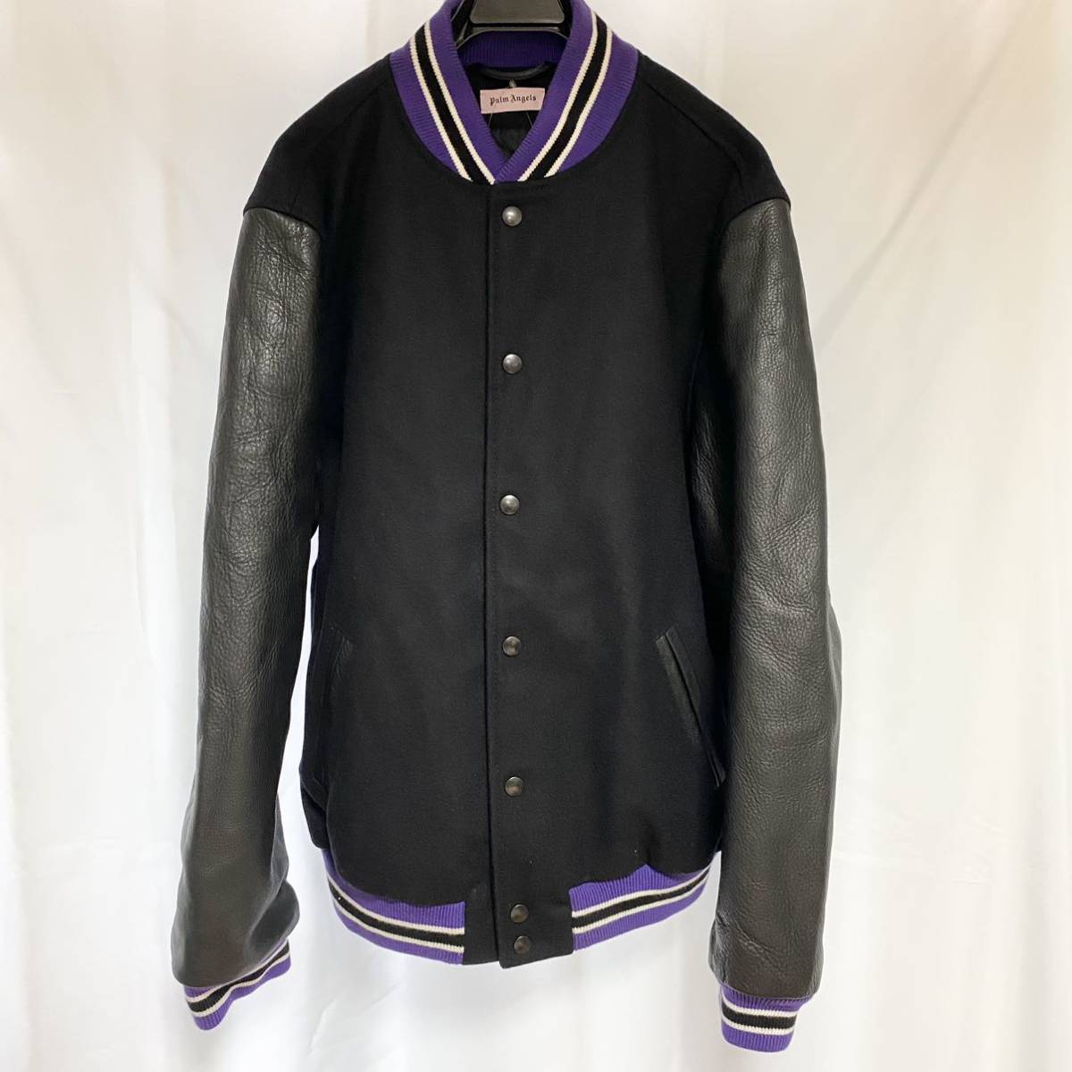 正規 PALM ANGELS パーム エンジェルス Authentic Varsity ジャケット スタジャン ボンバー ウール レザー 本革 ブラック 黒 ロゴ 新品_画像2