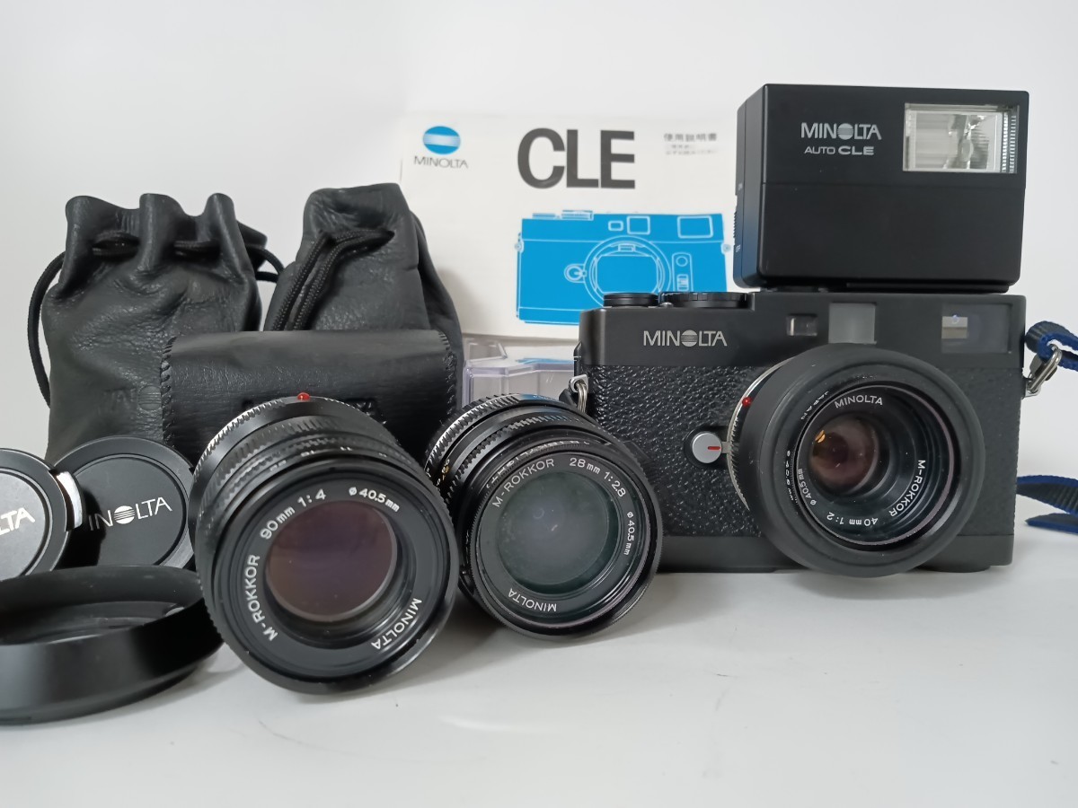 MINOLTA ミノルタ CLE フルセット m-rokkor 40mm 1:2 / 90mm 1:4 / 28mm 1:2.8 フラッシュ 説明書 ケース付き　伊85_画像1