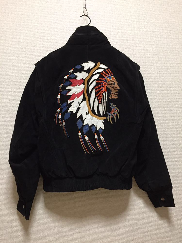 新品本物 レザーブルゾン USA古着 レザージャケット ネイティブインディアン XTREM M 黒系 インディアン刺繍 Mサイズ