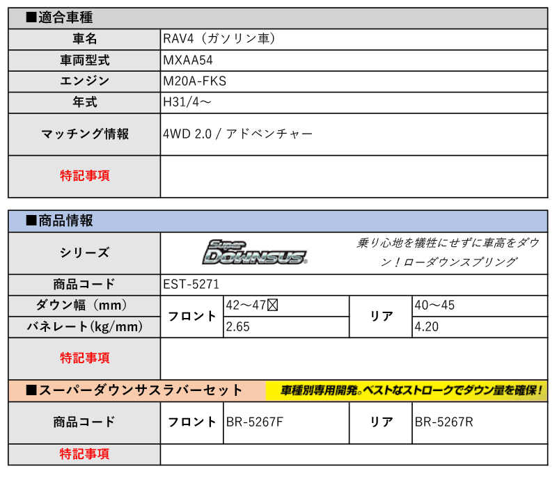 [エスペリア]MXAA54 RAV4_4WD 2.0 / アドベンチャー(H31/4～)用スーパーダウンサス＆バンプラバー[車検対応]_画像2