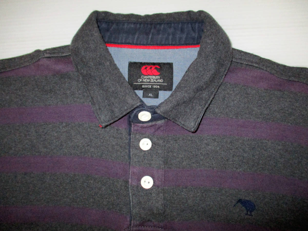 CANTERBURY 　カンタベリー　 ボーダー柄 　長袖ラガーシャツ 　ラグビーシャツ　グレー×紫系　サイズXL　　　（３D_画像3