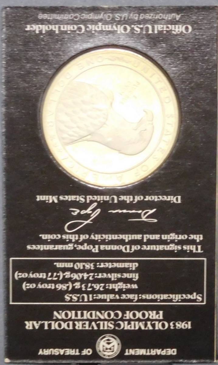 アメリカ記念コイン　1983OLYKPIC DLLAR .900FINE SLVER PROOF CONDITION ケース入り750ｘ115mm_画像3