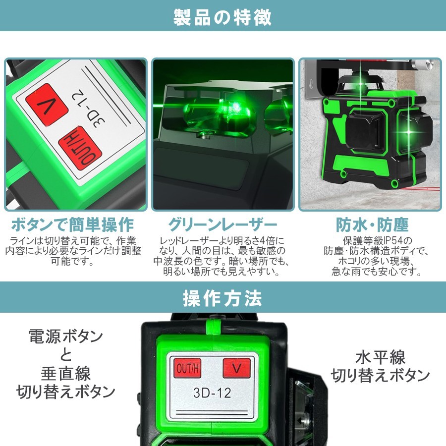 ★送料無料・30日間保証付き★グリーンレーザー 墨出し器 フルライン 4方向大矩照射モデル 高精度 光学測定器 建築 基礎 レーザー墨出し器_画像2