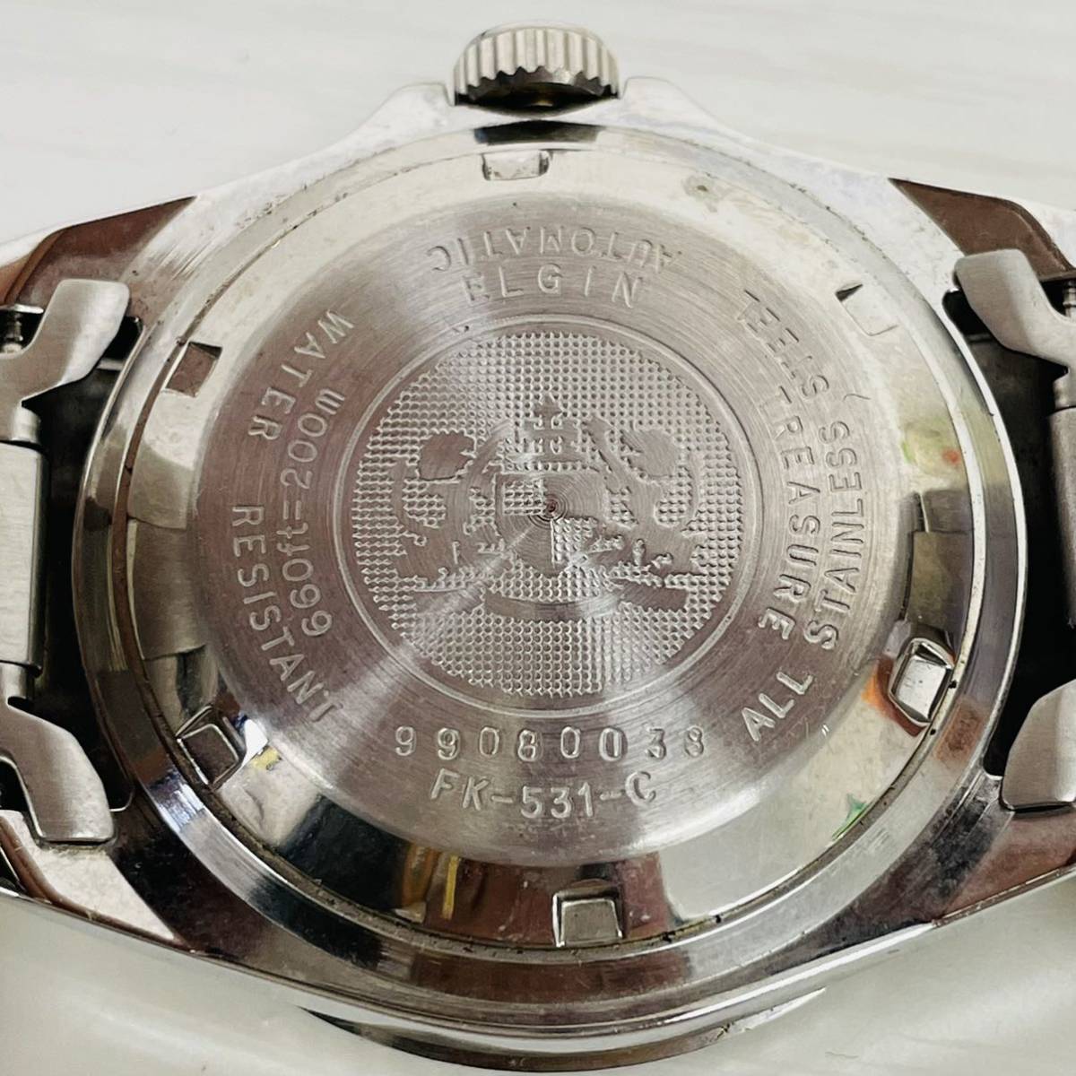 ★ 稼動品 ★ 36 ELGIN エルジン FK-531-C 99080038 メンズ腕時計 腕時計 時計 自動巻き 20気圧防水 青文字盤 3針 デイト表示 シルバー AT_画像5