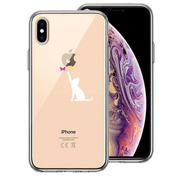 iPhoneX ケース iPhoneXS ケース 猫 CAT ねこ にゃんこ 蝶々 ホワイト スマホケース ハイブリッド_画像1