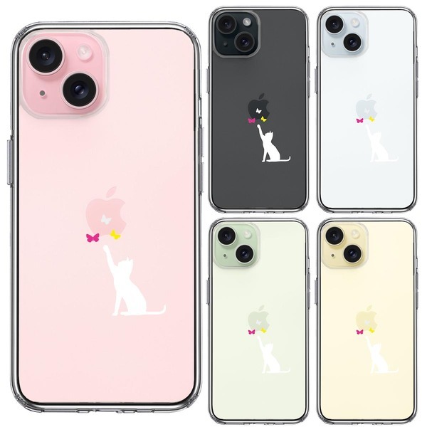 iPhone15Plus ケース クリア 猫 CAT ねこ 蝶々 ホワイト スマホケース 側面ソフト 背面ハード ハイブリッド_画像2