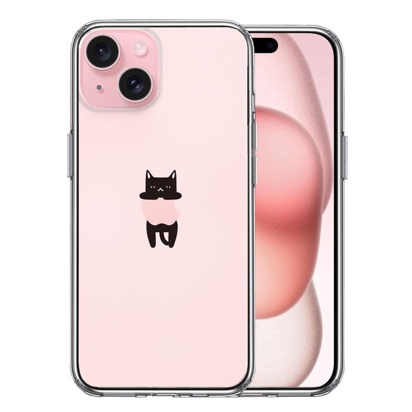 iPhone15Plus ケース クリア ぶらさがり にゃんこ 黒猫 スマホケース 側面ソフト 背面ハード ハイブリッド_画像1