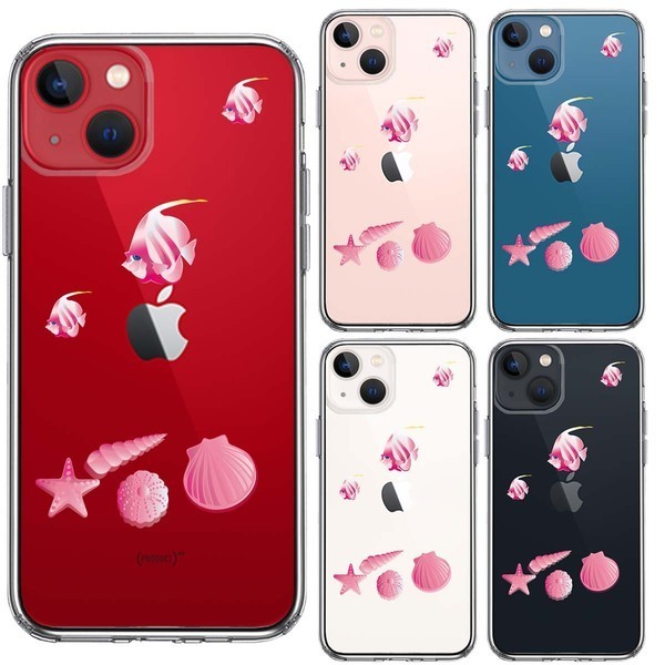 iPhone13mini ケース クリア 夏 熱帯魚 と 貝 ピンク スマホケース 側面ソフト 背面ハード ハイブリッド_画像2