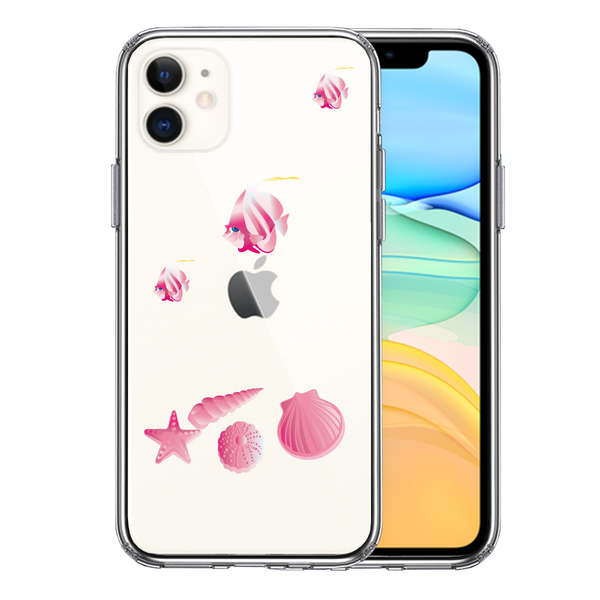 iPhone11 ケース クリア 夏 熱帯魚 と 貝 ピンク スマホケース 側面ソフト 背面ハード ハイブリッド_画像1