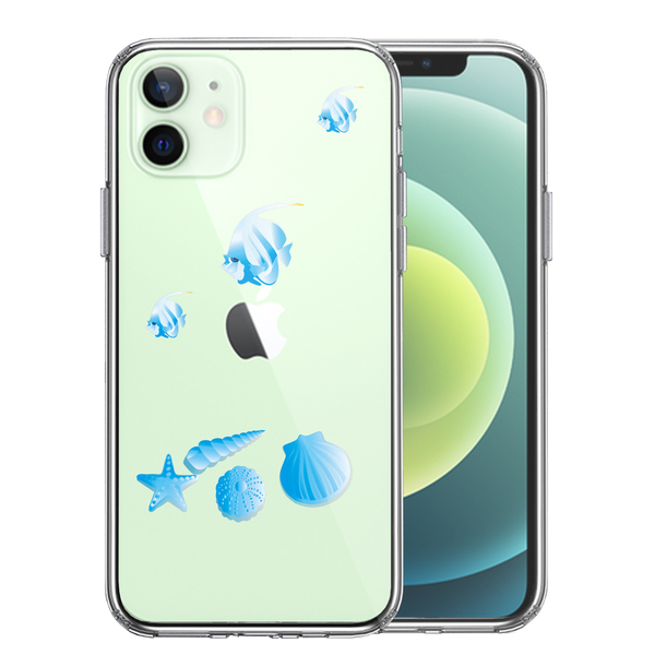 iPhone12 ケース クリア 夏 熱帯魚 と 貝 ブルー スマホケース 側面ソフト 背面ハード ハイブリッド_画像1