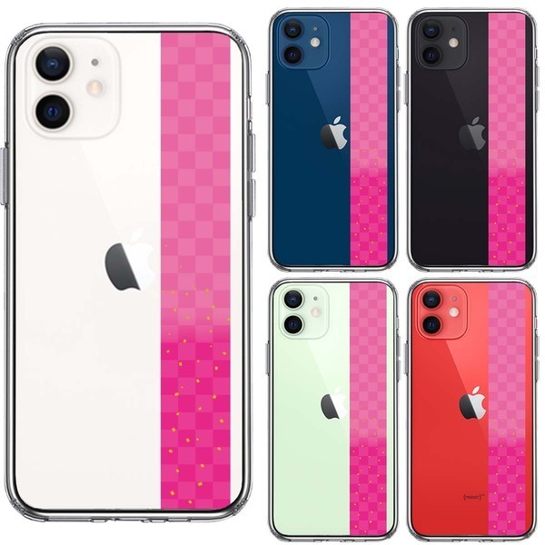 iPhone12 ケース クリア 和柄 帯 市松模様 ピンク 金箔 スマホケース 側面ソフト 背面ハード ハイブリッド_画像2