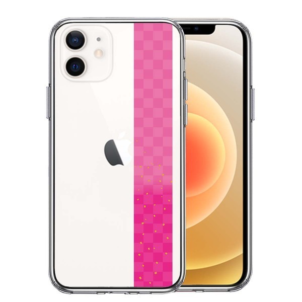 iPhone12 ケース クリア 和柄 帯 市松模様 ピンク 金箔 スマホケース 側面ソフト 背面ハード ハイブリッド_画像1