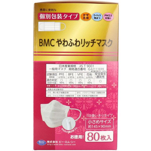 マスク BMC やわふわリッチマスク 1日使いきりタイプ 個別包装タイプ 小さめサイズ 80枚入 2セット_画像3