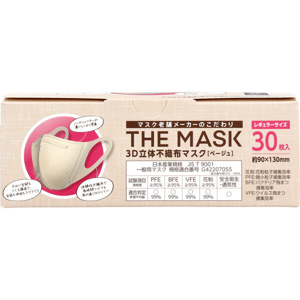 マスク 不織布 立体 THE MASK 3D立体不織布マスク ベージュ レギュラーサイズ 30枚入 5個セット_画像3