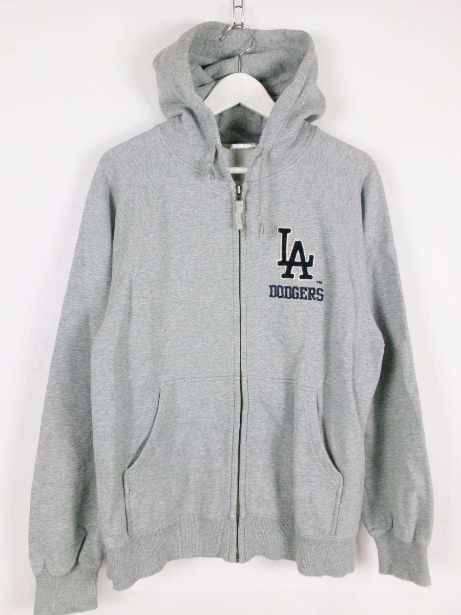 ユニクロ UNIQLO × MLB ロサンゼルスドジャース パーカー フーディー フルジップ ロゴ 長袖 S グレー メンズ 中古 /GC_画像1