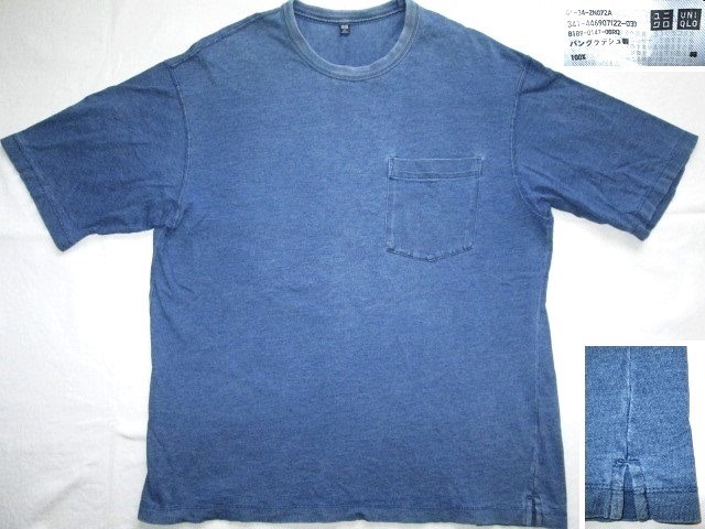 ★古着 2022年 UNIQLO ユニクロ インディゴクルーネックTシャツ（半袖）62.BLUE 65.BLUE XL ウォッシュ加工 オーバーサイズシルエット★_画像2