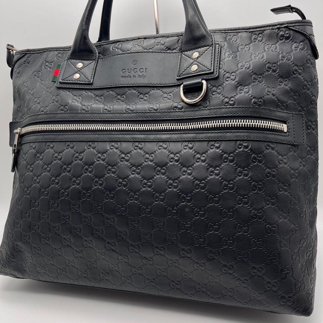 希少美品 グッチ ビジネスバッグ GG シマ レザー シェリーライン 黒 A4可 GUCCI ブリーフケース ハンド メンズ シェリーライン ブラック_画像1