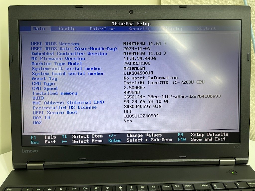 【UEFI起動確認済み／中古】ThinkPad L570 【20J9-S37S00】 (Core i5-7200U, RAM4GB, HDD無し[OS無し]) ★本体＋ACアダプタ_画像4