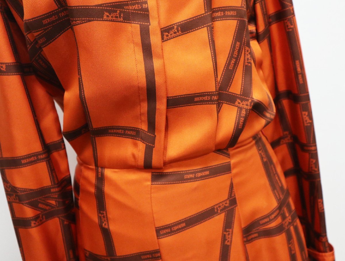  Hermes HERMESborute.k ribbon long One-piece silk orange size 36 long sleeve Serie button beautiful goods clothes 