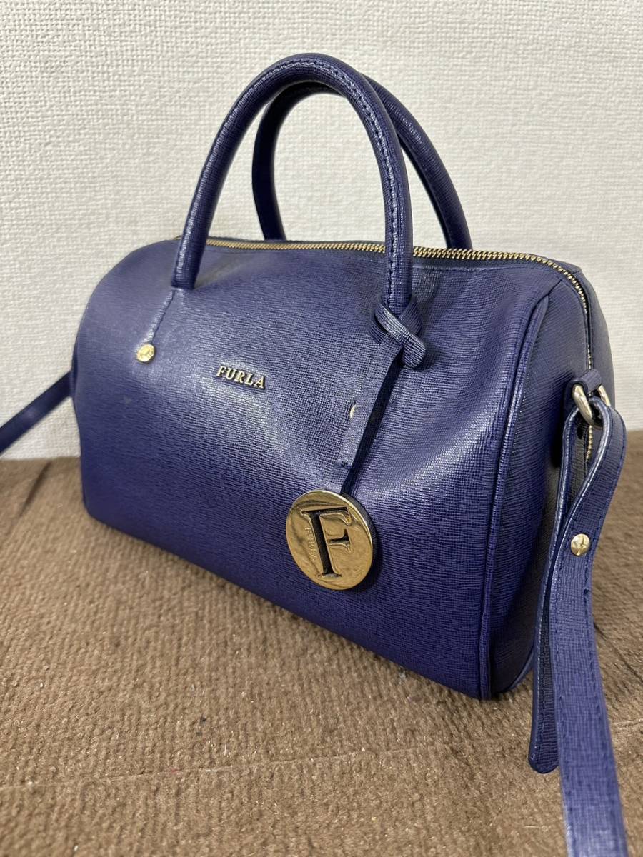 【中古品】FURLA フルラ レザー 2WAY バッグ ハンドバッグ ショルダー ネイビー レディース ミニボストン 193569_画像2