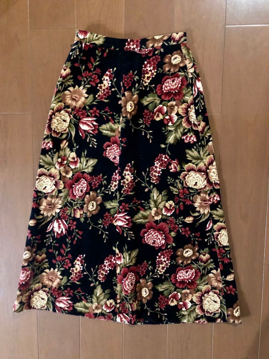 婦人ベロア暖かロングスカート スカート 総柄 花柄 ロング