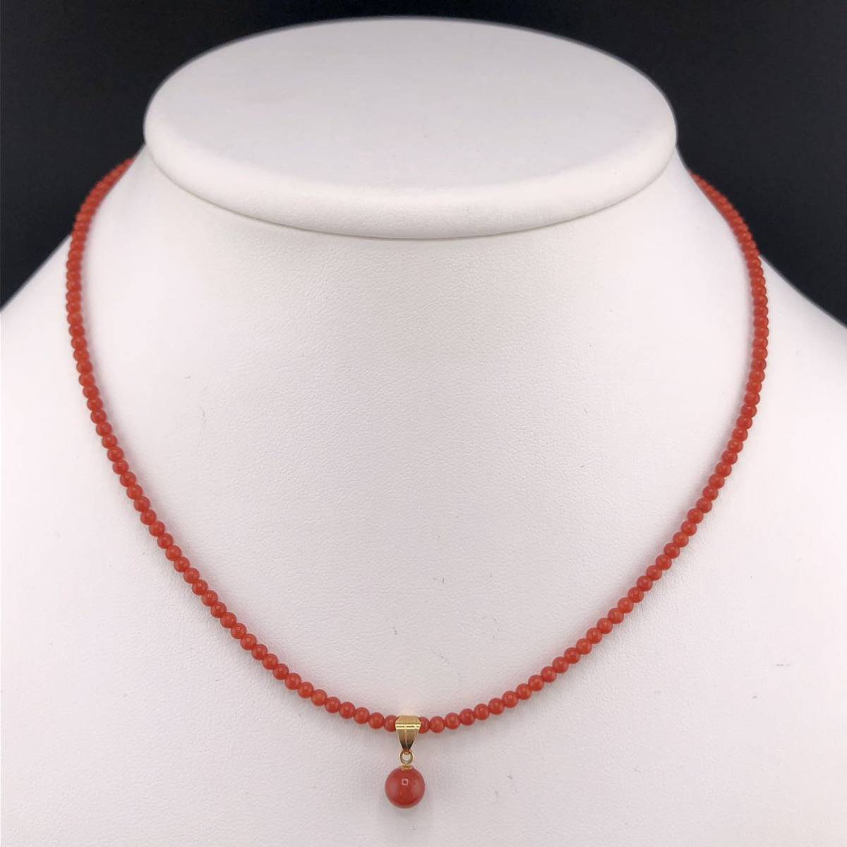 E01-2262 K18☆サンゴネックレス 2.5mm トップ 6.0mm 約 39cm 5g ( 珊瑚 丸玉 血赤 necklace K18 )_画像1