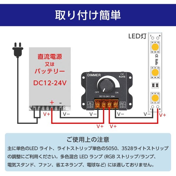 調光器 led スイッチ 調光 コントローラー ボリューム式 12V 24V 30A ディマー 無段階 明るさ 光 調節 2個 セット_画像6
