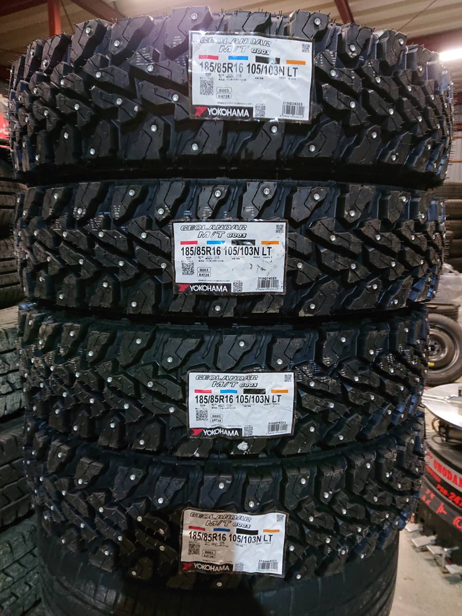 新品 未使用 スパイクタイヤ 185/85R16 105/103N LT 4本 YOKOHAMA GEOLANDAR M/T G003 2023年製 カップピン スノーアタック ジムニー JB23_画像1