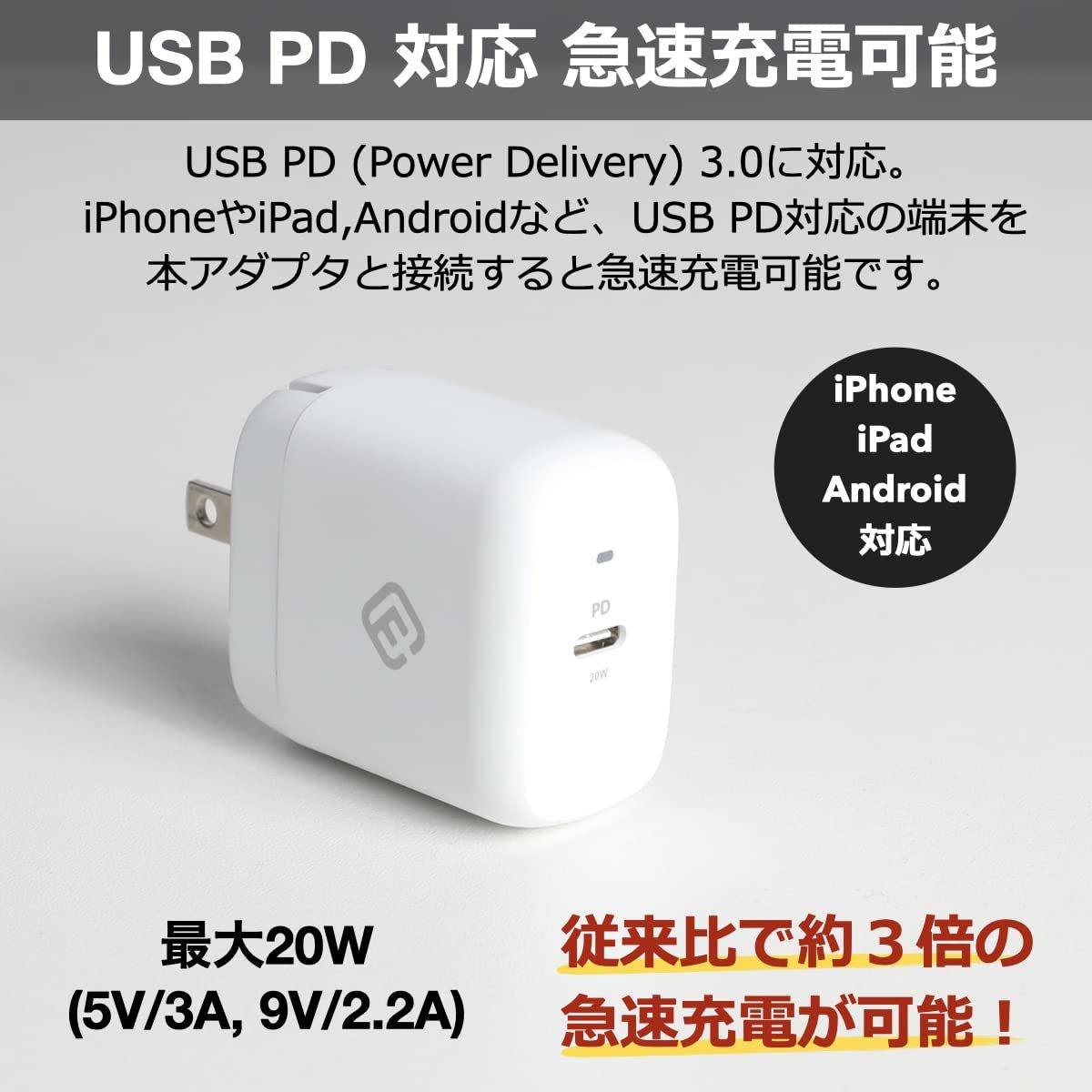 送料無料★40s 20W USB-C 電源アダプタ USB PD 急速 充電器 折りたたみ ACアダプター タイプC(ホワイト)_画像2